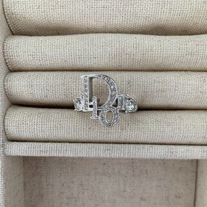 Vintage Christian Dior Silver Logo Crystal Ring 7